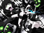  belt bikini_top black_hair black_rock_shooter black_rock_shooter_(character) blue_eyes boots chain curly_hair dead_master fangs glowing glowing_eyes green_eyes iga_tomoteru long_hair midriff navel open_mouth pale_skin scar shorts smile sword twintails uneven_twintails very_long_hair weapon 