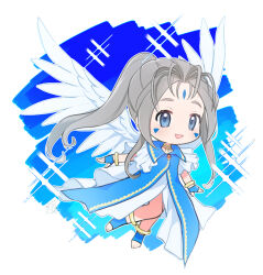  1girl aa_megami-sama belldandy blue_dress blue_eyes blue_gloves bracelet chibi chibi_only commentary dress feathered_wings fingerless_gloves flying full_body gloves grey_hair jewelry long_hair looking_to_the_side ponytail ritora_turbo smile solo white_wings wings 