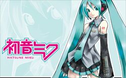 1girl aqua_eyes aqua_hair bangs bare_shoulders character_name collared_shirt detached_sleeves hatsune_miku headphones kei_(artist) long_hair looking_at_viewer necktie official_art shirt skirt solo thighhighs twintails very_long_hair vocaloid vocaloid_boxart_pose wallpaper zettai_ryouiki