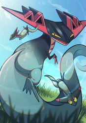  alu_illust aru_(citrine_drplt) black_eyes claws colored_sclera day dragapult dreepy grass highres no_humans open_mouth pokemon pokemon_(creature) red_claws sunlight tail very_long_tail yellow_sclera 
