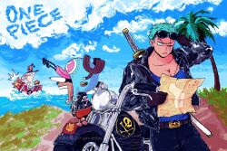  2boys antlers blue_tank_top brown_gloves closed_mouth commentary copyright_name english_commentary froagie gloves green_hair hat holding holding_map hood horns jacket jolly_roger leather leather_jacket map motor_vehicle motorcycle multiple_boys one_eye_closed one_piece open_mouth pirate_ship reindeer_antlers roronoa_zoro scar scar_across_eye sky straw_hats_jolly_roger sword sword_on_back tank_top thousand_sunny tony_tony_chopper unworn_eyewear weapon weapon_on_back 