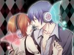 1boy 1girl blue_hair brown_eyes brown_hair butterfly_wings couple dress genmai headphones headset holding_hands kaito magnet_(vocaloid) meiko short_hair vocaloid wings 