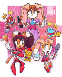  3girls animal_ears baking bark_the_polar_bear black_hair brown_eyes cat_ears cat_girl chao_(sonic) cheese cheese_(sonic) child chocola_(sonic) chocolate commentary cooking cream_the_rabbit dress dupreeedraws english_commentary food furry furry_female happy highres holding holding_whisk honey_dipper honey_the_cat mother_and_daughter multiple_girls name_connection neutral_chao object_namesake open_mouth rabbit_ears rabbit_girl red_dress smile sonic_(series) sonic_the_fighters sonic_the_hedgehog_(classic) twintails vanilla_extract vanilla_the_rabbit whisk 