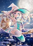  1girl arm_up armpits blonde_hair boots braid breasts broom broom_riding flying full_body full_moon hand_on_headwear hat high_heels long_hair mirunai moon night open_mouth original outdoors solo sparkle star_(sky) thigh-highs thigh_boots very_long_hair violet_eyes white_legwear witch_hat 