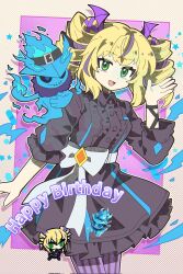 1girl black_dress blonde_hair chibi chibi_inset cowboy_shot cun_inugami digimon digimon_card_game digimon_liberator dress drill_hair english_text ghostmon happy_birthday highres multicolored_hair purple_background purple_hair simple_background twin_drills twintails two-tone_hair violet_inboots