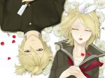  blonde_hair closed_eyes flower hair_ribbon kagamine_len kagamine_rin petals ribbon ririco school_uniform seifuku serafuku short_hair siblings sigre_(vocaloid) twins vocaloid 