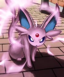  absurdres bright_pupils commentary_request espeon forehead_jewel forked_tail highres jira_(ziraiya26) no_humans pokemon pokemon_(creature) psychic shadow sitting tail violet_eyes white_pupils 