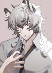  1boy animal_ear_fluff animal_ears ark1478 arknights arm_up black_necktie brown_background collared_shirt commentary_request eyelashes grey_eyes grey_hair hair_between_eyes hair_ornament highres long_hair looking_to_the_side lower_eyelashes_only male_focus necktie open_collar shirt sideways_glance silverash_(arknights) simple_background solo untying upper_body white_shirt wing_collar 