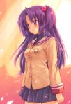  blush clannad hair_bobbles hair_ornament ichinose_kotomi inou_shin long_hair purple_eyes purple_hair school_uniform seifuku skirt solo twintails two_side_up uniform window 