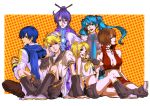 aqua_hair blonde_hair blue_eyes blue_hair breasts brown_eyes brown_hair chiru_(sanifani) cleavage flower food hair_ornament hair_ribbon hairclip hatsune_miku headphones ice_cream kagamine_len kagamine_rin kaito kamui_gakupo long_hair meiko microphone navel necktie purple_eyes purple_hair ribbon rose scarf short_hair smile twintails vocaloid