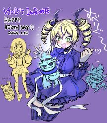  2girls blonde_hair breasts character_name cowboy_shot dated digimon digimon_(creature) digimon_card_game digimon_liberator dress drill_hair ghost ghostmon happy_birthday highres kinosaki_arisa large_breasts long_hair multicolored_hair multiple_girls purple_background purple_dress purple_hair shining_neko shoemon simple_background solo_focus stuffed_toy twin_drills two-tone_hair violet_inboots 