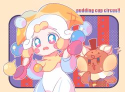  1girl animal ball blue_eyes blue_sleeves blush_stickers border bright_pupils chibi chibi_only clothed_animal cold_you cookie_run cowboy_shot halftone halftone_background hands_up hat holding ice_juggler_cookie jester_cap long_sleeves looking_ahead mini_hat mini_top_hat no_fingers no_nose onesie open_mouth outline outside_border pink_eyes rounded_corners shirt striped_background three_quarter_view top_hat two-tone_eyes wavy_mouth whistle whistle_around_neck white_hair white_outline white_pupils white_shirt yellow_border yellow_collar 