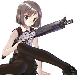  blush bob_cut brown_eyes brown_hair flat_chest grey_eyes gun gunslinger_girl henrietta loli mocha pantyhose rifle short_hair sig_551 skirt weapon 