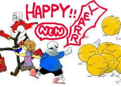 1boy 1other 2017 2boys 2d ambiguous_gender animal bird black_shorts blue_jacket blue_shorts bone boots brothers brown_hair cape chick digital_media frisk_(undertale) from_side gloves hand_in_pocket happy_new_year human humanoid jacket male monster monster_boy multiple_boys new_year papyrus_(undertale) pink_footwear raku69 red_cape red_footwear red_gloves sans_(undertale) short_hair shorts siblings skeleton slippers striped striped_shorts sweat teeth text too_many too_many_birds too_many_chicks trio undead undertale utdr_(toby_fox) walking white_stripes year_of_the_rooster