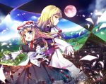  2girls age_difference back-to-back blonde_hair blue_eyes choker city cityscape detached_sleeves dual_persona gap gloves hands highres landscape long_hair maribel_hearn moon multiple_girls nature no_hat no_headwear open_mouth outstretched_arms outstretched_hand ribbon sho_(artist) smile spread_arms touhou yakumo_yukari yellow_eyes 