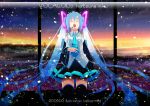  blue_hair cityscape closed_eyes hatsune_miku highres leaf long_hair microphone nael open_mouth snow thighhighs vocaloid 