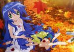  autumn blue_hair green_eyes highres izumi_kanata izumi_konata long_hair lucky_star mother_and_daughter sakamoto_kazuya sleeping 