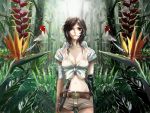  bandage belt bird bird_of_paradise breasts cleavage forest front-tie_top haya-g heterochromia jungle knife meiko midriff nature navel outdoors shorts solo tied_shirt vocaloid weapon white_shirt 