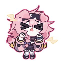  >_< 1girl absurdres amedrama animal_ears arknights braid cat_ears cat_girl cat_tail chibi chibi_only closed_eyes full_body goldenglow_(arknights) highres infection_monitor_(arknights) open_mouth outline pink_hair pink_outline scottish_fold solo tail transparent_background triangle_mouth 