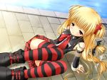  blush bow elbow_gloves flat_chest gothic karen loli long_hair skirt striped_thigh_highs thigh_highs triptych twintails 