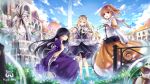  3girls adjusting_hair black_hair blonde_hair blue_eyes brown_hair cagalin city closed_eyes cloud dress eternita flower fountain hagiwara_rin hair_flower hair_ornament hair_ribbon hairband long_hair multiple_girls priscilla_(eternita) red_eyes ribbon sairalinde sitting sky smile wading water 