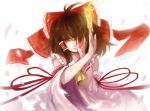  bad_id blood bow brown_hair covering_one_eye detached_sleeves hair_bow hair_tubes hakurei_reimu japanese_clothes miko ofuda petals red_eyes ribbon shell_(pixiv) solo touhou wide_sleeves 