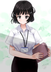  1girl alternate_costume black_hair black_skirt box brown_eyes collared_shirt cowboy_shot dress_shirt hair_ornament hairclip id_card kantai_collection kitagawa_mikio myoukou_(kancolle) one-hour_drawing_challenge shirt short_hair skirt solo white_shirt 