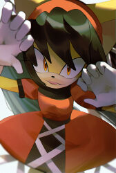  1girl :3 animal_ears black_hair cat_ears cat_girl cowboy_shot dress fangs furry furry_female gloves hairband hands_up highres honey_the_cat jaibus long_hair looking_at_viewer orange_eyes red_dress red_hairband solo sonic_(series) sonic_the_fighters sonic_the_hedgehog_(classic) tongue tongue_out twintails very_long_hair white_gloves 