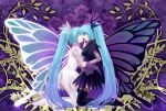  2girls black_vs_white butterfly_wings dress dual_persona hatsune_miku kneeling long_hair multiple_girls thighhighs twintails very_long_hair vocaloid wings yutu 