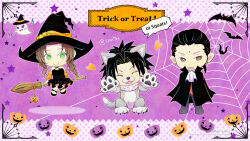  1girl 2boys aerith_gainsborough animal_costume animal_ears animal_hands ascot bare_shoulders bat_(animal) black_cape black_dress black_hair braid braided_ponytail broom broom_riding brown_hair cape closed_eyes closed_mouth commentary_request cosplay crisis_core_final_fantasy_vii dracula dracula_(cosplay) dress fangs final_fantasy final_fantasy_vii full_body ghost gloves green_eyes hair_slicked_back halloween hat highres looking_at_viewer multiple_boys open_mouth parted_bangs paw_gloves pointy_ears pumpkin silk smile spider_web spiky_hair sui_7r tail trick_or_treat tseng twitter_username white_ascot witch witch_hat wolf_costume wolf_ears wolf_tail zack_fair 