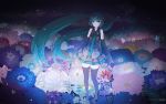  1girl aqua_eyes aqua_hair detached_sleeves felt flower hatsune_miku highres legs long_hair mikumix necktie petals scenery skirt solo thighhighs twintails very_long_hair vocaloid wallpaper zettai_ryouiki 