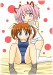  bare_shoulders blush brown_hair crossover hair_ribbon hands_on_shoulders highres kaname_madoka lyrical_nanoha mahou_shoujo_lyrical_nanoha mahou_shoujo_madoka_magica open_mouth pink_eyes pink_hair rainbowcard ribbon school_swimsuit short_twintails smile socks swimsuit takamachi_nanoha thighhighs twintails white_legwear 