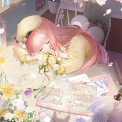  1girl arms_on_table artist_request beret blunt_bangs book carpet closed_eyes crossed_arms desk desk_lamp eyelashes flower fur_hat hat hat_flower head_on_table indoors jacket lamp layered_sleeves light_particles long_hair long_sleeves miracle_nikki momo_(nikki) nikki_(nikki) nikki_(series) official_art on_chair open_book pen petals pink_hair purple_flower purple_rose rose scrapbook second-party_source shirt sidelocks sitting sleeping solo sweater_jacket tape trash_can upper_body very_long_hair white_shirt wooden_floor yellow_flower yellow_hat yellow_jacket yellow_rose 