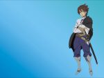  1girl blue_background brown_hair crossed_arms luke_ainsworth seiken_no_blacksmith short_hair simple_background source_request sword 