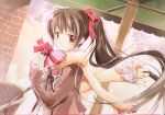  blush bow brown_hair flower gift highres holding holding_gift long_hair ponytail poporucha scan scarf twintails 