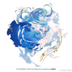  1girl ^_^ aqua_hair bare_shoulders barefoot bird blue_bow blue_bowtie blue_choker blue_dress blue_ribbon bow bow_choker bowtie brooch chinese_commentary choker closed_eyes closed_mouth commentary_request copyright_notice dove dress eyelashes feet floating_clothes floating_hair frilled_choker frilled_dress frilled_sleeves frills full_body gradient_clothes gradient_dress hair_ornament happy hatsune_miku highres jewelry juliet_sleeves leg_ribbon light_blush long_dress long_hair long_sleeves lying musical_note_brooch off-shoulder_dress off_shoulder official_art on_cloud on_side pleated_dress puffy_sleeves ribbon sheet_music simple_background single_bare_leg smile solo staff_(music) star_(symbol) sylvia_(huajiuhuajiu) toes treble_clef twintails very_long_hair vocaloid weibo_watermark white_background wide_sleeves 