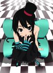  akiyama_mio bangs bare_shoulders black_eyes black_hair blue_legwear blunt_bangs cane don't_say_&quot;lazy&quot; elbow_gloves finger_to_mouth fingerless_gloves from_above gloves hat highres k-on! long_hair looking_up mini_top_hat pantyhose perspective sitting solo sue_sgr_u top_hat 