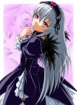  bangs detached_collar doll_joints dress finger_to_mouth flower frills from_above gothic headdress ichikawa_masahiro long_hair looking_back purple_eyes rose rozen_maiden silver_hair solo suigintou wings 