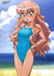  1girl beach blush flat_chest fujii_masahiro hands_on_hips highres long_hair louise_francoise_le_blanc_de_la_valliere official_art one-piece_swimsuit open_mouth photoshop pink_eyes pink_hair sky solo swimsuit water wavy_hair zero_no_tsukaima 