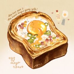  bottle bread bread_slice commentary english_commentary food food_focus fried_egg fried_egg_on_toast gradient_background heart highres light_particles nao_(bestrollever) no_humans original pepper_shaker signature toast yellow_background 
