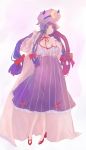  1girl bra cloak dress full_body hair_ribbon hat highres hime_cut long_hair low-tied_long_hair patchouli_knowledge pinkmochichi purple_dress purple_hair red_shoes ribbon shoes solo striped striped_dress touhou tress_ribbon underwear undressing vertical_stripes violet_eyes 