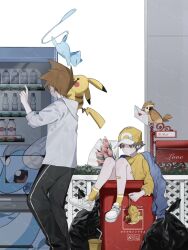 2boys alternate_color bird blue_oak bottle bouquet brown_hair character_print commentary_request cup disposable_cup dragonair dragonite drinking_straw envelope fence hat highres hood hood_down in_container in_trash_can male_focus mew mew_(pokemon) milk_bottle moomoo_milk multiple_boys pants pidgey pokemon pokemon_(creature) pokemon_frlg red_(pokemon) shiny_pokemon shirt shoes short_hair socks trash_bag trash_can vending_machine water_bottle white_footwear x_grlo4 yellow_hat yellow_shirt yellow_socks