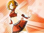  belt brown_hair daigoman fingerless_gloves frills gloves headphones meiko midriff navel red_eyes sakine_meiko skirt solo vocaloid 