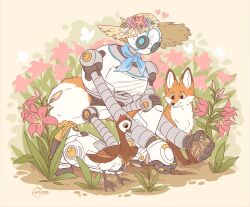  absurdres artist_name auveiss bird brightbill_(the_wild_robot) commentary english_commentary fink_(the_wild_robot) fox goose highres plant robot rozzum_unit_7134 the_wild_robot 