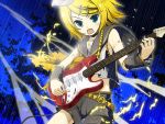  electric_guitar electricity guitar instrument kagamine_rin musical_note open_mouth rain shiramori_yuse shorts torn_clothes vocaloid 