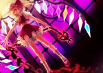  blonde_hair bloomers dress flandre_scarlet frills hat hat_ribbon irua laevatein light long_hair mary_janes open_mouth outstretched_arm ponytail red_eyes ribbon ribbons shoes short_hair side_ponytail socks solo touhou vampire weapon window wings 