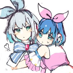  2girls artist_request bare_shoulders blue_eyes blue_hair blue_ribbon hair_ribbon heart highres ico_(megaman_x_dive) mega_man_(series) mega_man_x_(series) mega_man_x_dive multiple_girls official_alternate_costume pink_ribbon ribbon rico_(mega_man) robot_ears second-party_source short_hair simple_background sketch upper_body white_background 