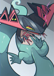  alu_illust aru_(citrine_drplt) black_eyes colored_sclera dorsal_fin dragapult dreepy gradient_background head_wings hiding highres no_humans open_mouth pink_claws pokemon pokemon_(creature) tail very_long_tail wings yellow_sclera 