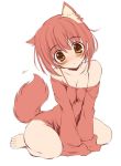  bare_shoulders blush bottomless brown_eyes cat_ears catgirl cute dog_ears kikurage_(plastic_people) kneeling long_sleeves monochrome nekomimi no_panties original red red_hair shirt short_hair strap_slip tail 