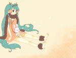  1girl aheim ankle_cuffs aqua_eyes aqua_hair barefoot dress feet hatsune_miku headphones long_hair scarf sitting solo stuffed_animal stuffed_toy twintails very_long_hair vocaloid 